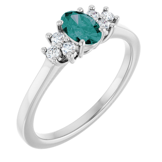 14K Gold Oval Lab-Grown Alexandrite & Natural Diamond Accented Ring - White Gold