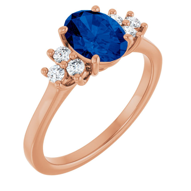 14K Gold Oval Lab-Grown Blue Sapphire & Lab-Grown Diamond Accented Ring – 6x4mm - Rose Gold
