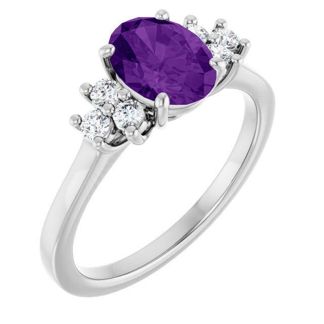 14K Gold Oval Natural Amethyst & Lab-Grown Diamond Accented Ring - White Gold