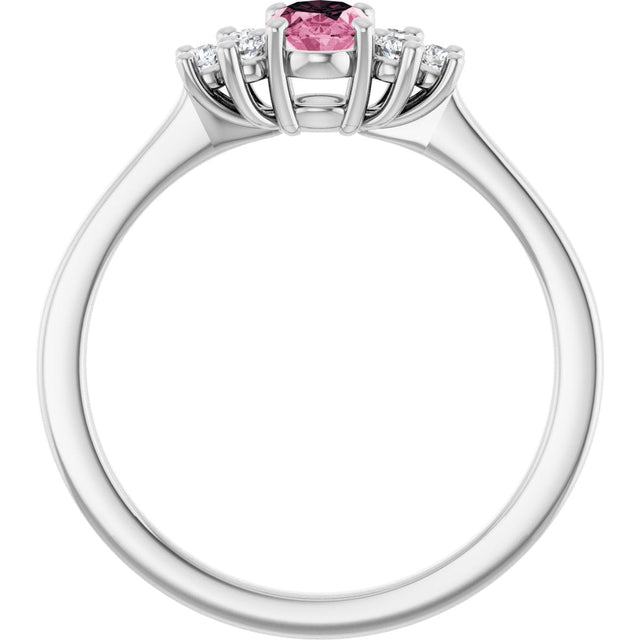 14K Gold Oval Natural Pink Tourmaline & Natural Diamond Accented Ring – 6mm Stones - White Gold - view 2