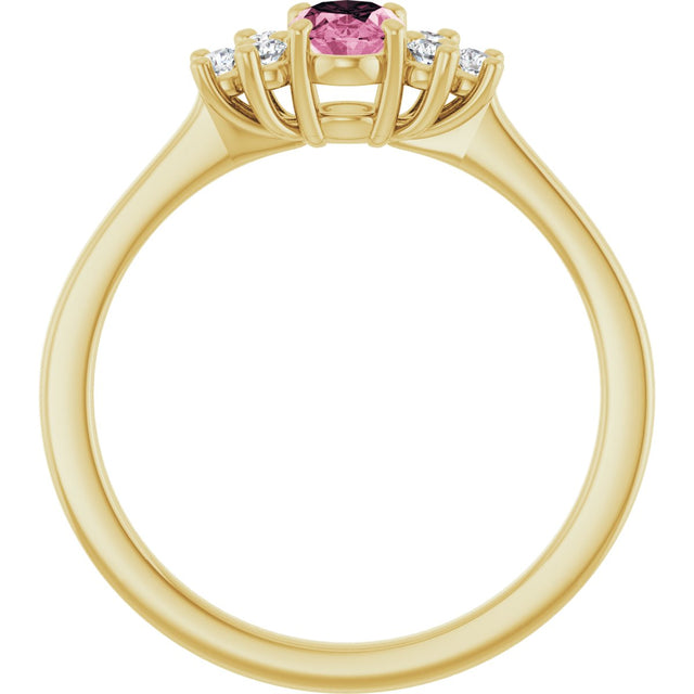 14K Gold Oval Natural Pink Tourmaline & Natural Diamond Accented Ring – 6mm Stones - Yellow Gold - view 2