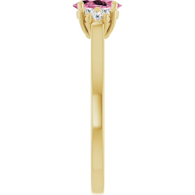 14K Gold Oval Natural Pink Tourmaline & Natural Diamond Accented Ring – 6mm Stones - Yellow Gold - view 4