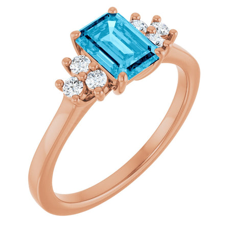 14K Gold Oval Natural Aquamarine & Lab-Grown Diamond Accented Ring - Rose Gold