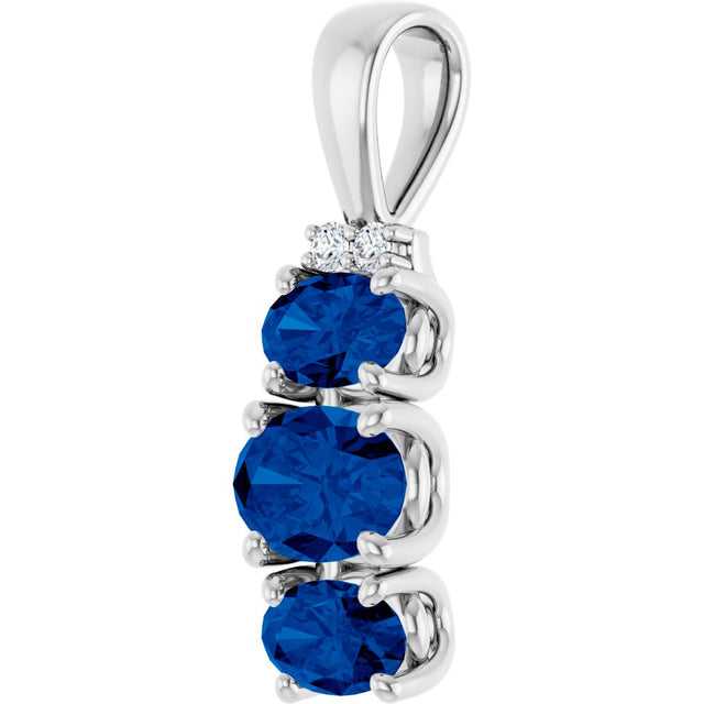 14K Gold Oval Lab-Grown Blue Sapphire & Natural Diamond Accented Three-Stone Pendant - view 2