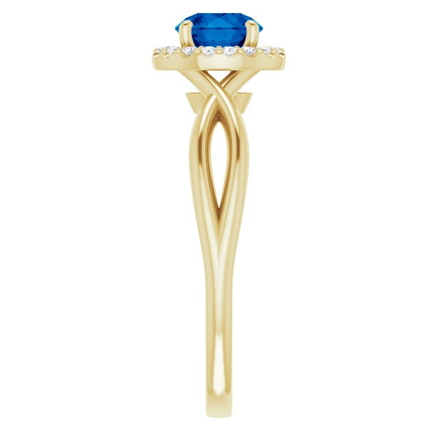 14K Gold Round Lab-Grown Lab-Grown Blue Sapphire & Natural Diamond Halo-Style Ring - Yellow Gold - view 4