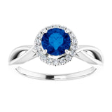 14K Gold Round Lab-Grown Lab-Grown Blue Sapphire & Natural Diamond Halo-Style Ring - White Gold - view 3