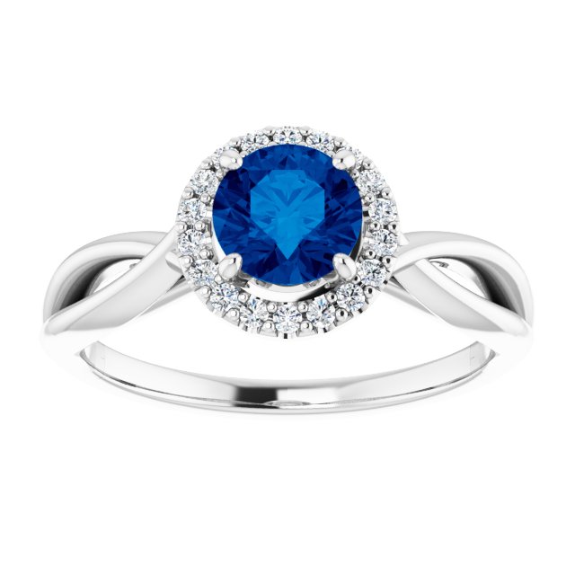 14K Gold Round Lab-Grown Lab-Grown Blue Sapphire & Natural Diamond Halo-Style Ring - White Gold - view 3