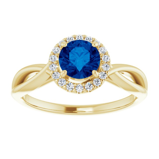 14K Gold Round Lab-Grown Lab-Grown Blue Sapphire & Natural Diamond Halo-Style Ring - Yellow Gold - view 3