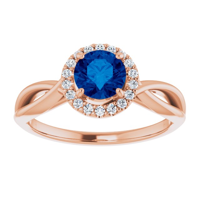 14K Gold Round Lab-Grown Lab-Grown Blue Sapphire & Natural Diamond Halo-Style Ring - Rose Gold - view 3