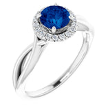 14K Gold Round Lab-Grown Lab-Grown Blue Sapphire & Natural Diamond Halo-Style Ring - White Gold