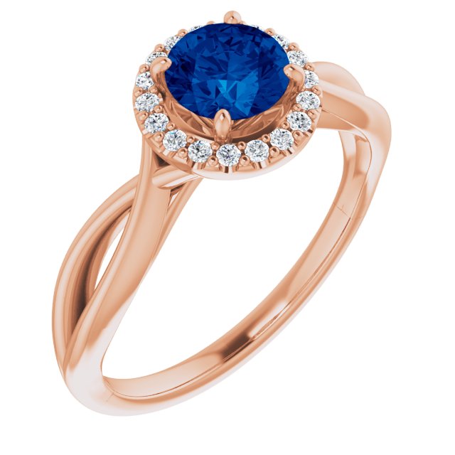 14K Gold Round Lab-Grown Lab-Grown Blue Sapphire & Natural Diamond Halo-Style Ring - Rose Gold