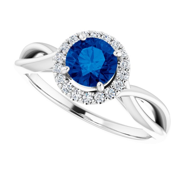 Platinum Round Lab-Grown Lab-Grown Blue Sapphire & Natural Diamond Halo-Style Ring - view 5
