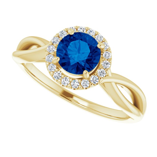 14K Gold Round Lab-Grown Lab-Grown Blue Sapphire & Natural Diamond Halo-Style Ring - Yellow Gold - view 5