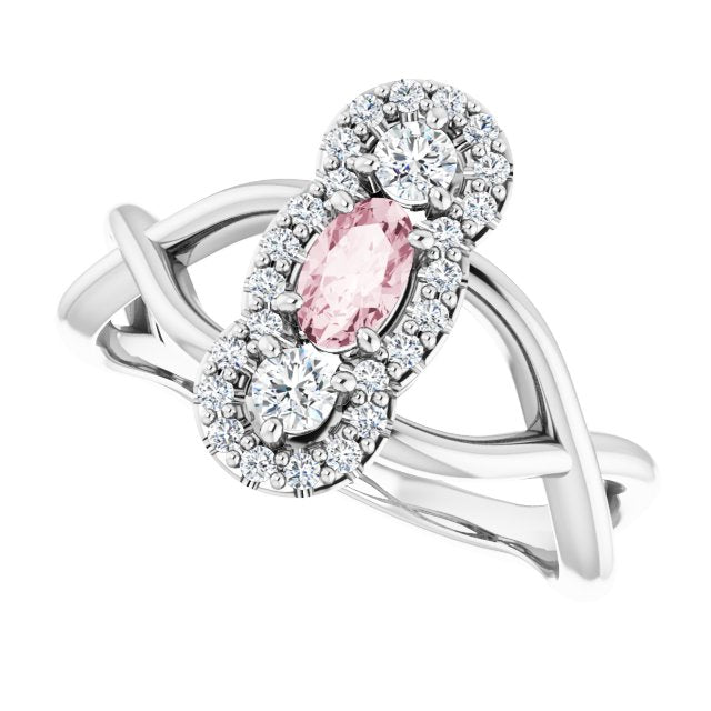 14K Gold Oval Natural Pink Morganite & Natural Diamond Three-Stone Ring - White Gold - view 5