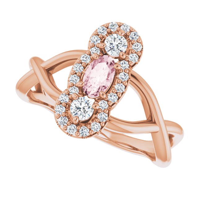 14K Gold Oval Natural Pink Morganite & Natural Diamond Three-Stone Ring - Rose Gold - view 5