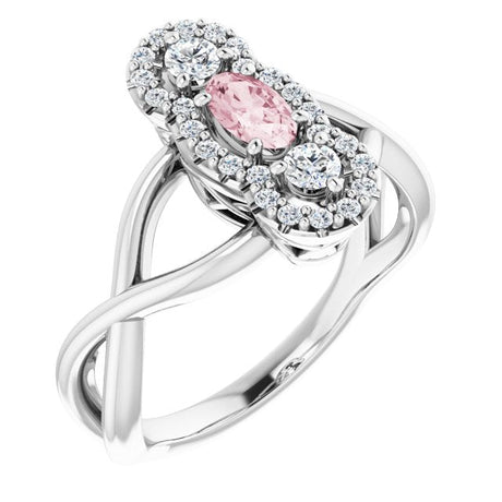 Platinum Oval Natural Pink Morganite & Natural Diamond Three-Stone Ring