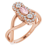 14K Gold Oval Natural Pink Morganite & Natural Diamond Three-Stone Ring - Rose Gold