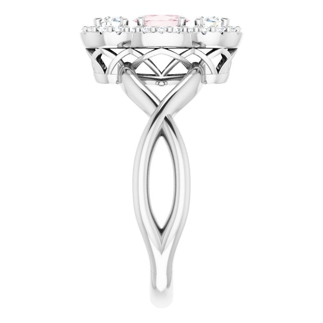 14K Gold Oval Natural Pink Morganite & Natural Diamond Three-Stone Ring - White Gold - view 4