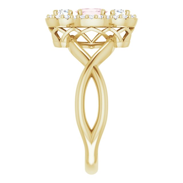 14K Gold Oval Natural Pink Morganite & Natural Diamond Three-Stone Ring - Yellow Gold - view 4