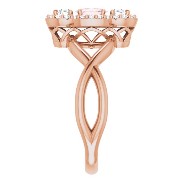 14K Gold Oval Natural Pink Morganite & Natural Diamond Three-Stone Ring - Rose Gold - view 4