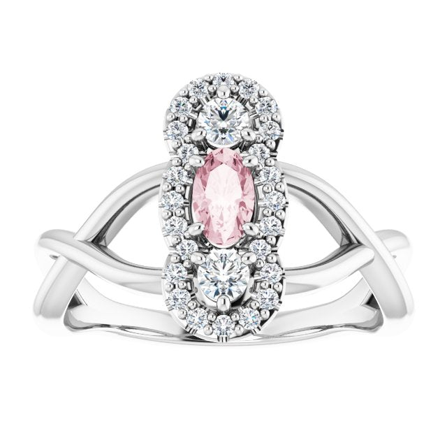 14K Gold Oval Natural Pink Morganite & Natural Diamond Three-Stone Ring - White Gold - view 3