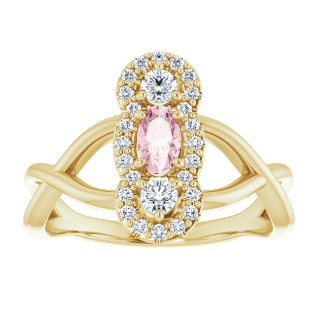 14K Gold Oval Natural Pink Morganite & Natural Diamond Three-Stone Ring - Yellow Gold - view 3