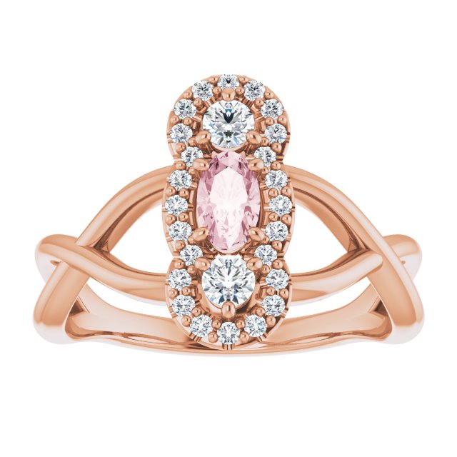 14K Gold Oval Natural Pink Morganite & Natural Diamond Three-Stone Ring - Rose Gold - view 3