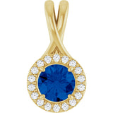 14K Gold Round Natural Blue Sapphire & Natural Diamond Halo-Style Pendant – 1/10 CTW - Yellow Gold