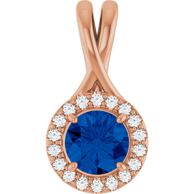 14K Gold Round Natural Blue Sapphire & Natural Diamond Halo-Style Pendant – 1/10 CTW - Rose Gold