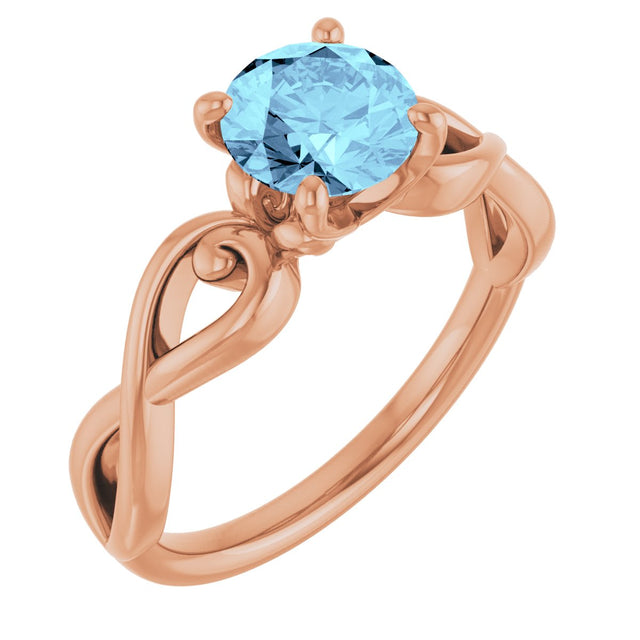 14K Gold Round Natural Aquamarine Solitaire Ring – 6.5mm Stones - Rose Gold