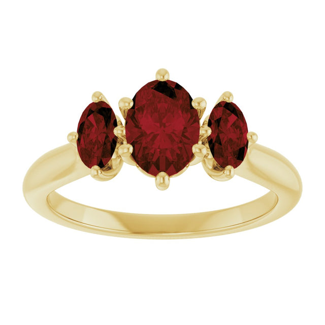 14K Gold Oval Natural Mozambique Garnet Three-Stone Ring - Yellow Gold - view 3