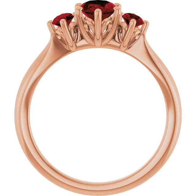14K Gold Oval Natural Mozambique Garnet Three-Stone Ring - Rose Gold - view 2