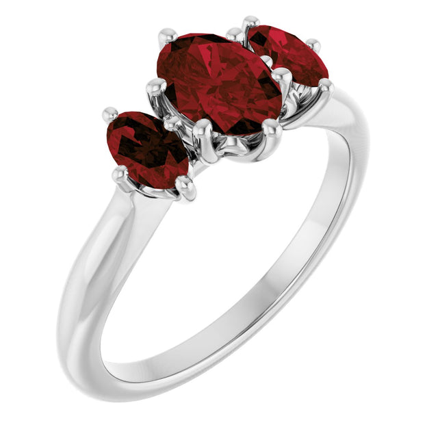 14K Gold Oval Natural Mozambique Garnet Three-Stone Ring - White Gold