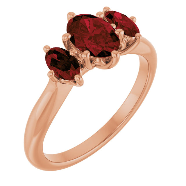 14K Gold Oval Natural Mozambique Garnet Three-Stone Ring - Rose Gold