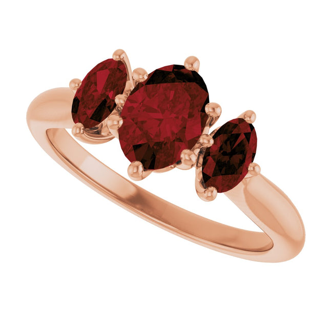 14K Gold Oval Natural Mozambique Garnet Three-Stone Ring - Rose Gold - view 5