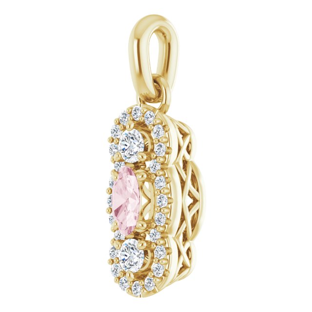 14K Gold Oval Natural Pink Morganite & Natural Diamond Halo-Style Pendant – 1/4 CTW - Yellow Gold - view 2