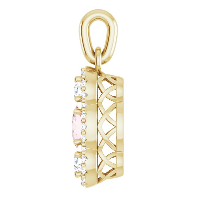 14K Gold Oval Natural Pink Morganite & Natural Diamond Halo-Style Pendant – 1/4 CTW - Yellow Gold - view 3