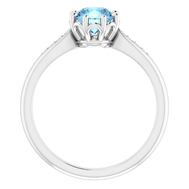 Platinum Round Natural Aquamarine & Natural Diamond Accented Ring – 6mm Stones - view 2