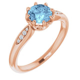 14K Gold Round Natural Aquamarine & Natural Diamond Accented Ring – 6mm Stones - Rose Gold