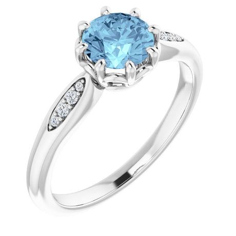 Platinum Round Natural Aquamarine & Natural Diamond Accented Ring – 6mm Stones