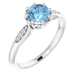 14K Gold Round Natural Aquamarine & Natural Diamond Accented Ring – 6mm Stones - White Gold