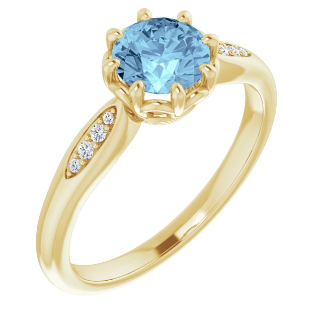 14K Gold Round Natural Aquamarine & Natural Diamond Accented Ring – 6mm Stones - Yellow Gold