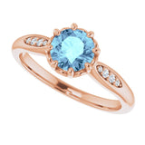 14K Gold Round Natural Aquamarine & Natural Diamond Accented Ring – 6mm Stones - Rose Gold - view 5