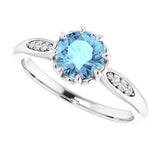 Platinum Round Natural Aquamarine & Natural Diamond Accented Ring – 6mm Stones - view 5