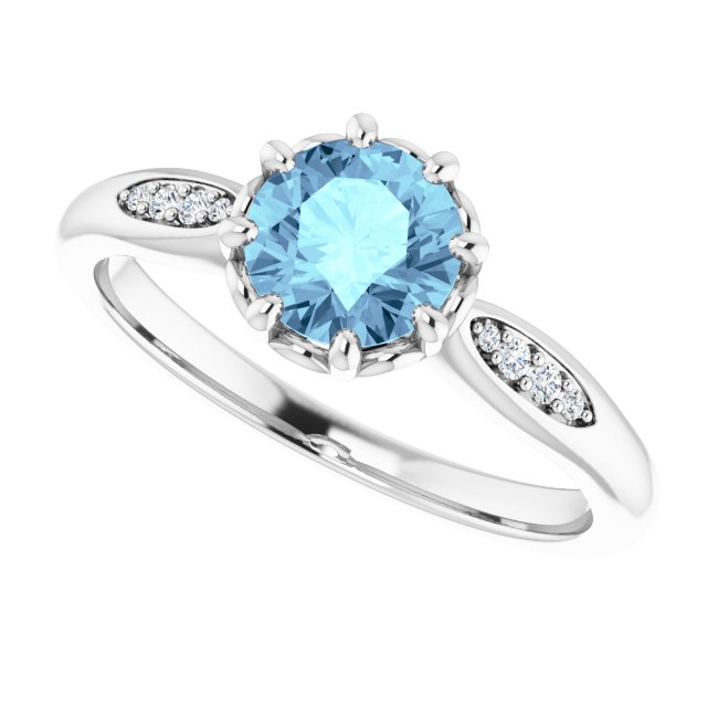 Platinum Round Natural Aquamarine & Natural Diamond Accented Ring – 6mm Stones - view 5
