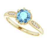 14K Gold Round Natural Aquamarine & Natural Diamond Accented Ring – 6mm Stones - Yellow Gold - view 5