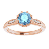 14K Gold Round Natural Aquamarine & Natural Diamond Accented Ring – 6mm Stones - Rose Gold - view 3
