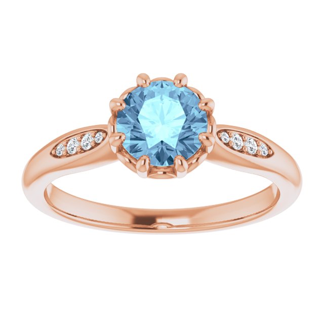 14K Gold Round Natural Aquamarine & Natural Diamond Accented Ring – 6mm Stones - Rose Gold - view 3