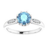 Platinum Round Natural Aquamarine & Natural Diamond Accented Ring – 6mm Stones - view 3