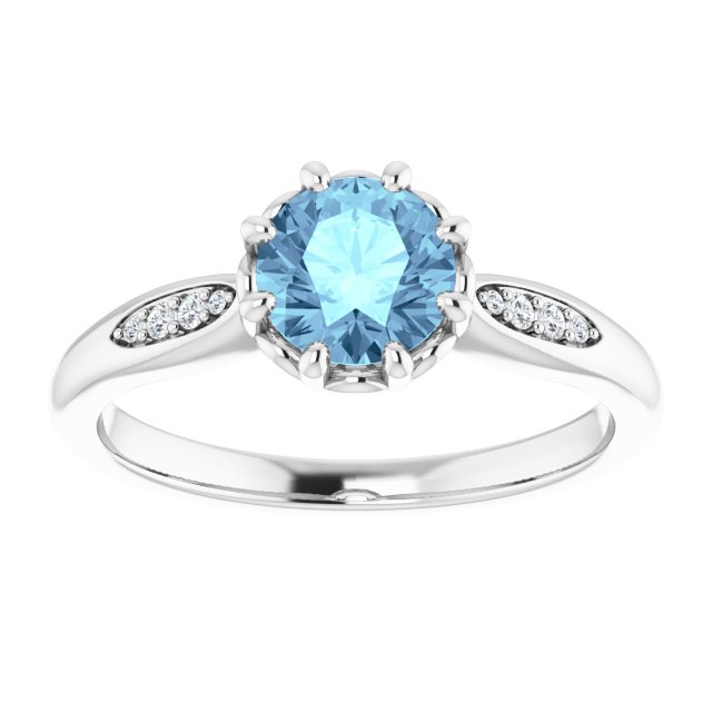 Platinum Round Natural Aquamarine & Natural Diamond Accented Ring – 6mm Stones - view 3